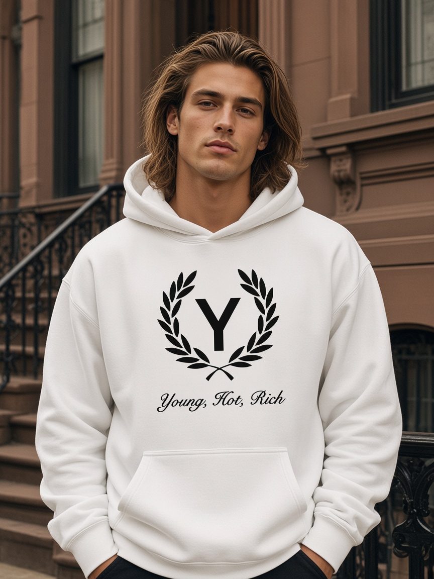 Man in the white Laurel Hoodie on a New York stoop
