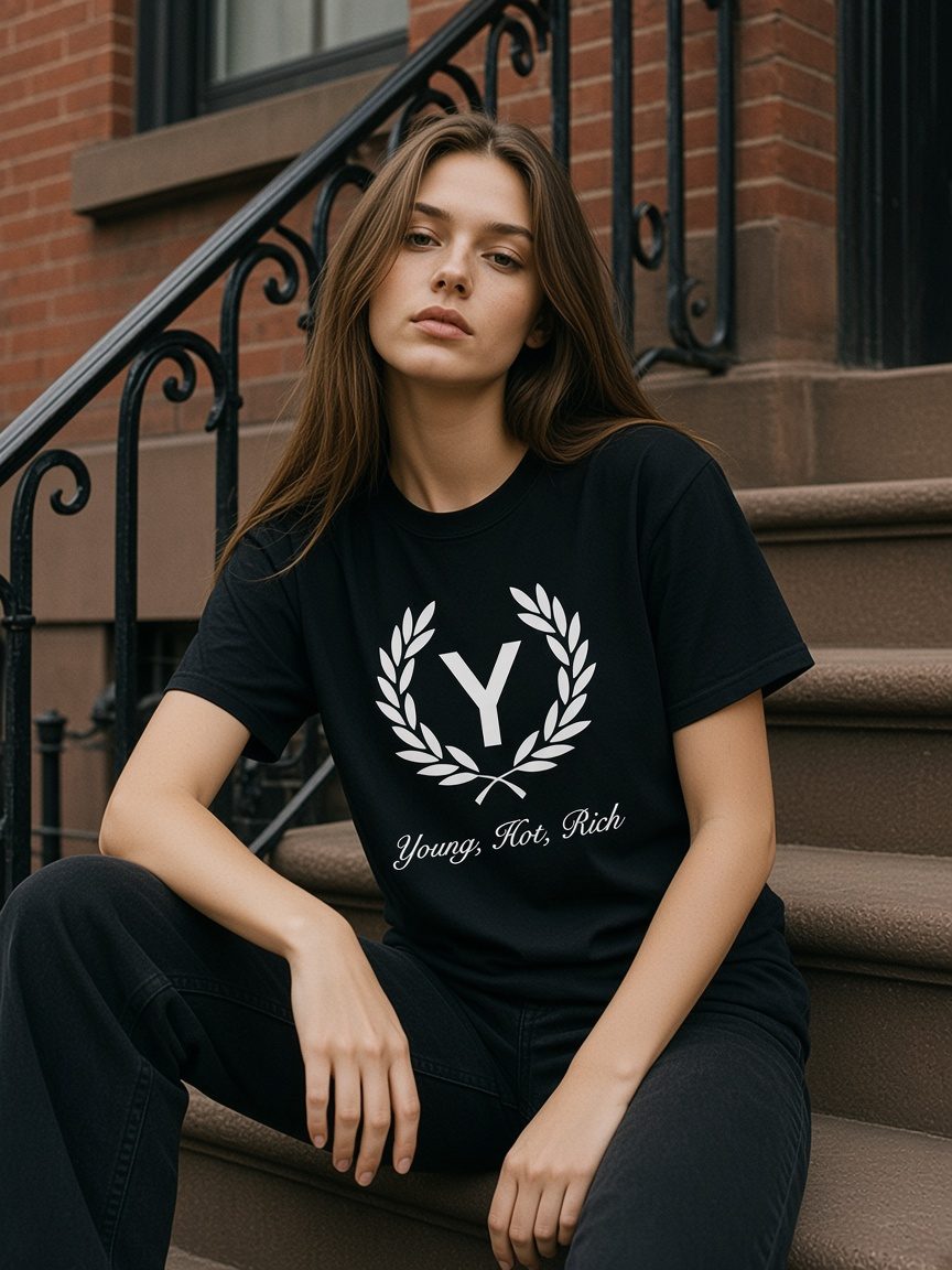 Woman in the black Laurel Tee on a New York stoop